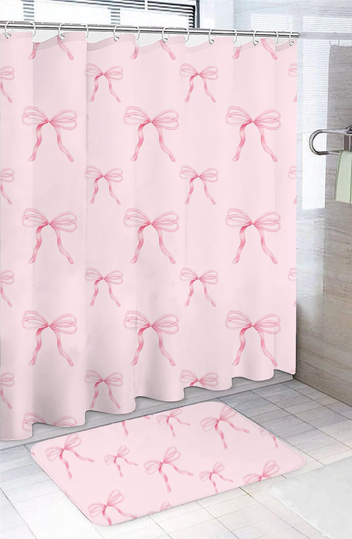 Pink bow shower curtain & mat set